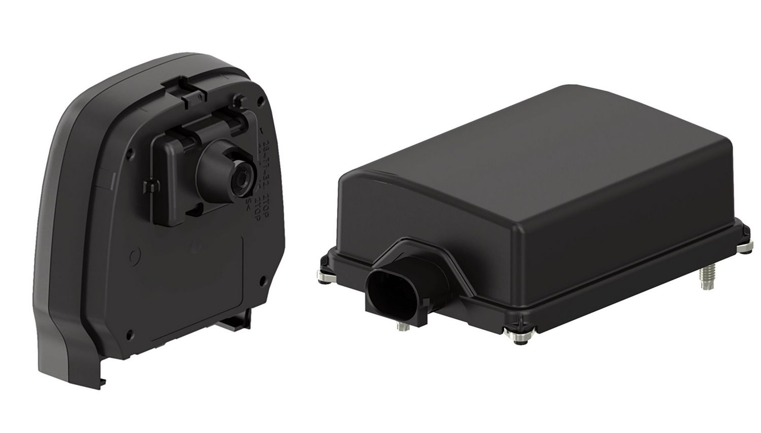 La caméra frontale du système d'alerte de franchissement de ligne OnLaneAlert (à gauche) et le capteur radar du système de freinage d'urgence automatique OnGuardActive (à droite). ©ZF