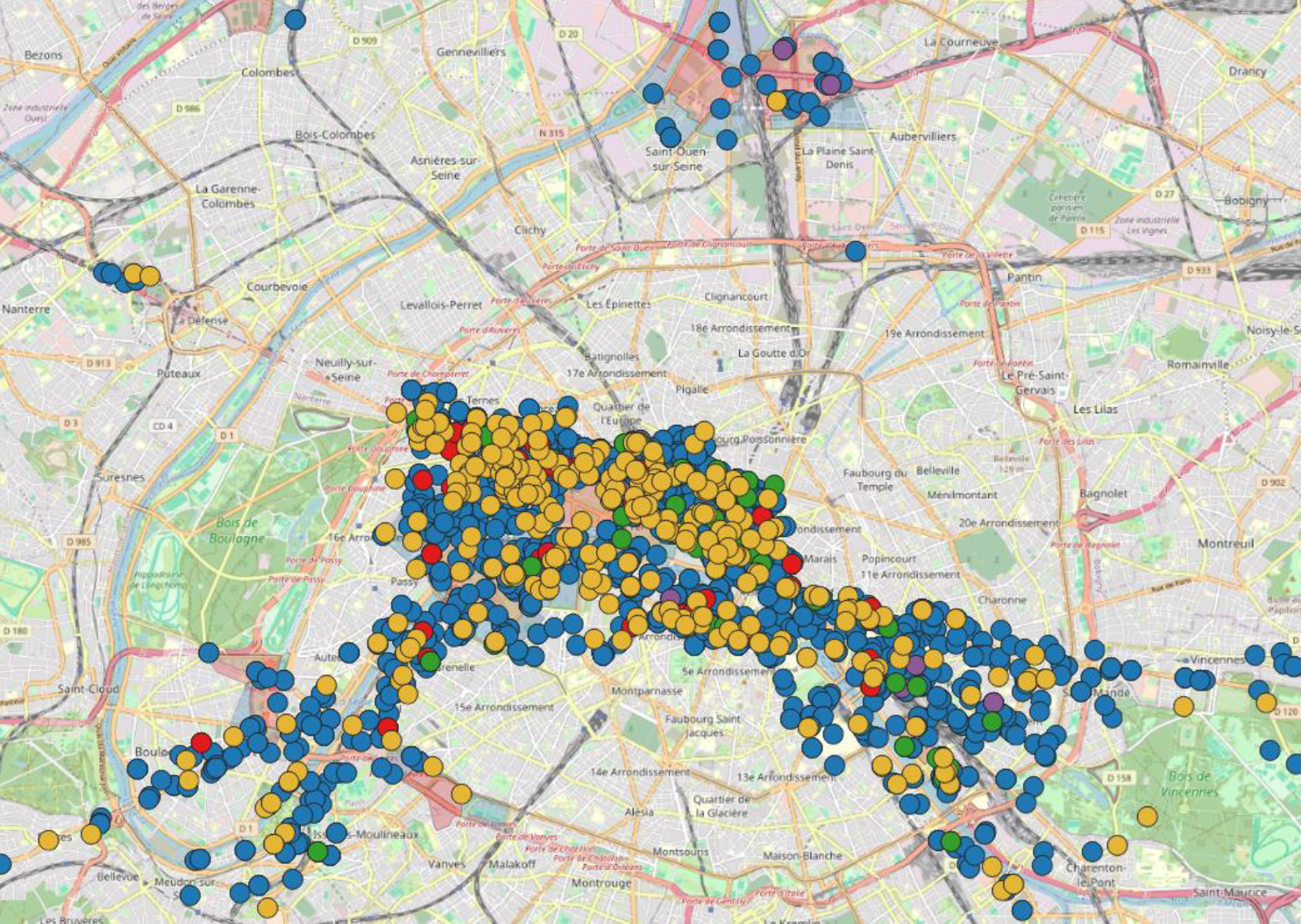 La carte interactive permet notamment de trouver les points de livraisons libres, ou encore ceux situées en zones bleues et rouges. ©Lujop
