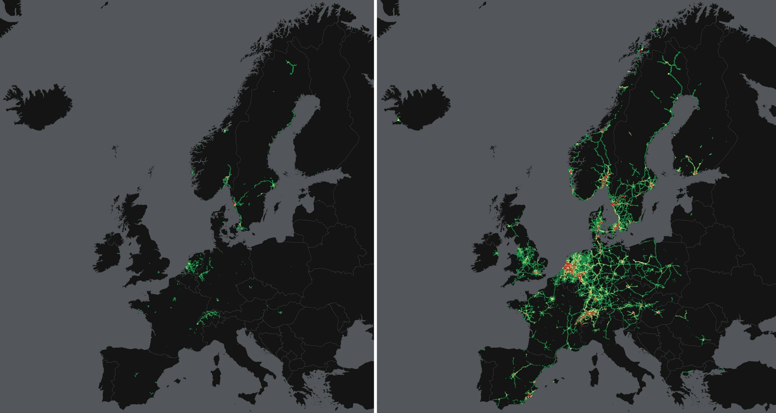 Évolution de l'activité des camions électriques Volvo Trucks en Europe, du début de l'année 2023 (à gauche) jusqu'à la mi-2024 (à droite). En rouge, les zones où la plupart des camions électriques Volvo Trucks sont en exploitation. ©Volvo Trucks